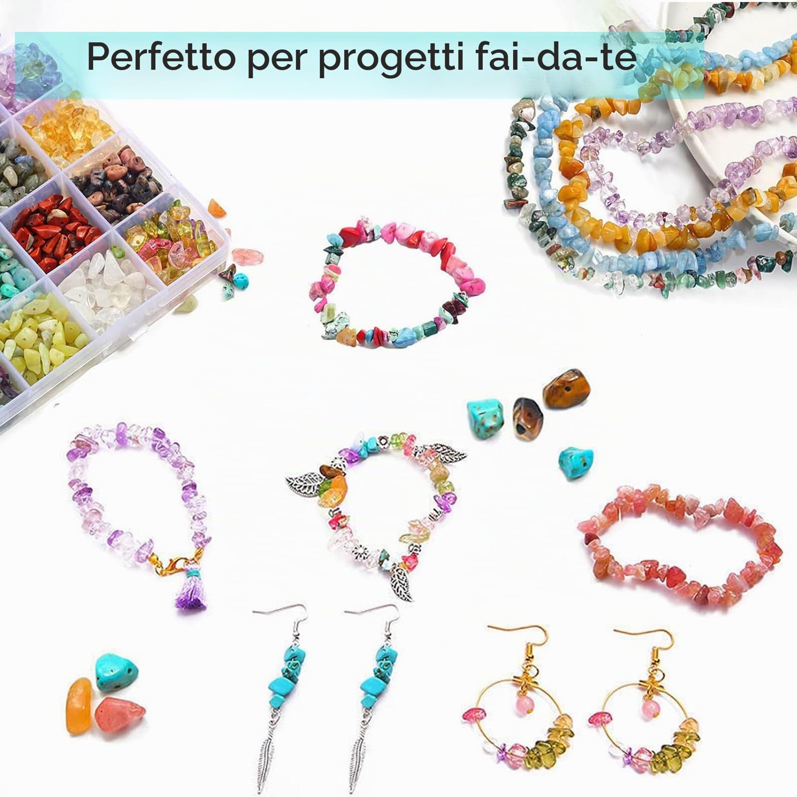 Set per Creare Gioielli con 24 Colori 1073 Perline di Pietre Preziose di Forma Naturale con Foro, Perline di Pietra da 5-7 mm per Gioielli Fai da Te, Bracciali, Collane e Orecchini, Set di Perline di