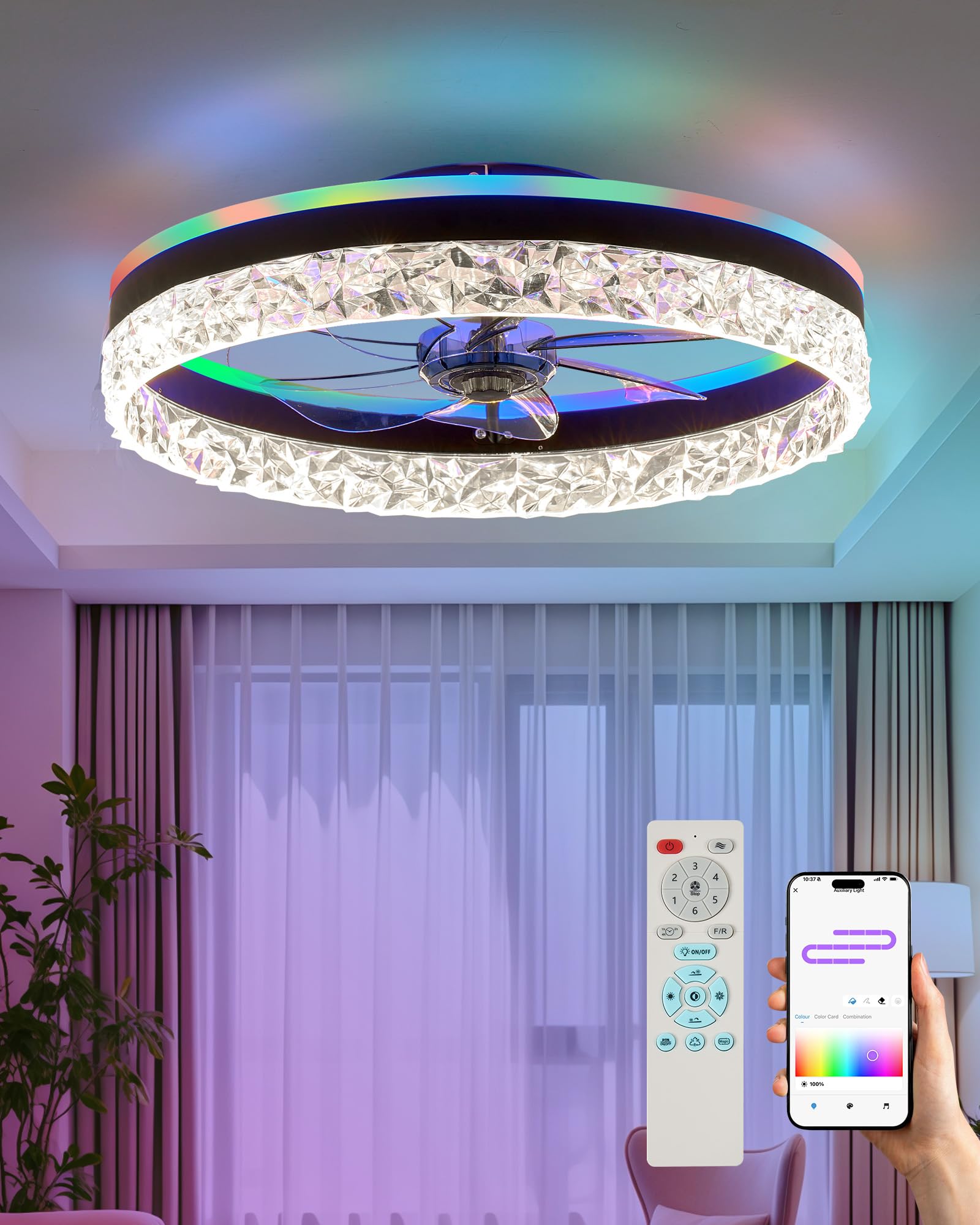 Photo 1 of 20" Bladeless Ceiling Fan with RGB Light and Remote/APP Control, Flush Mount Ceiling Fans Light with Reversible Mute Motor, Low Profile Enclosed Ceiling Fan for Bedroom/Kids Room/Kitchen (Black)