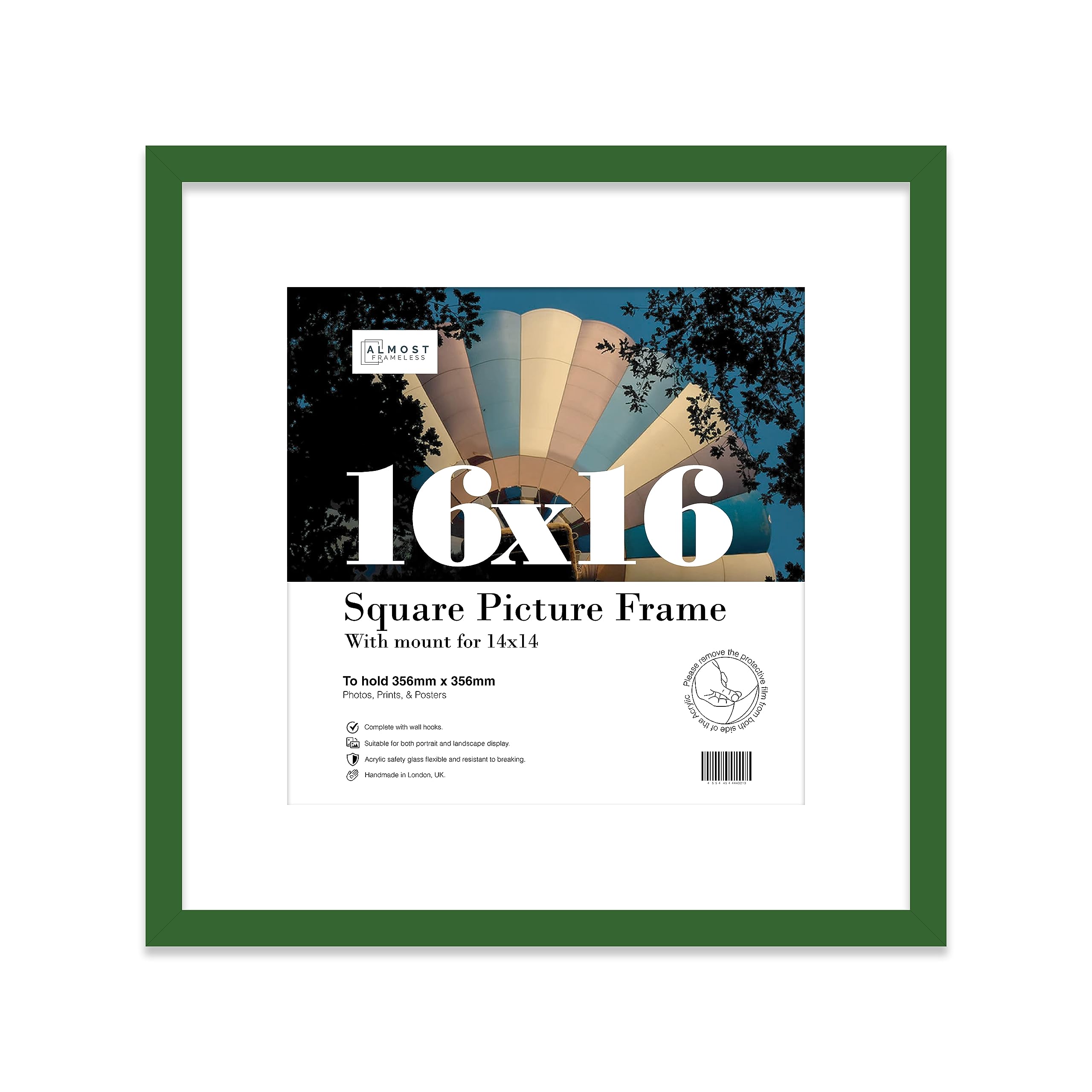 16x16 Green Picture Frame with Mount for 14x14 Photos, Prints - Modern Square Wall Frame, 1 Pack