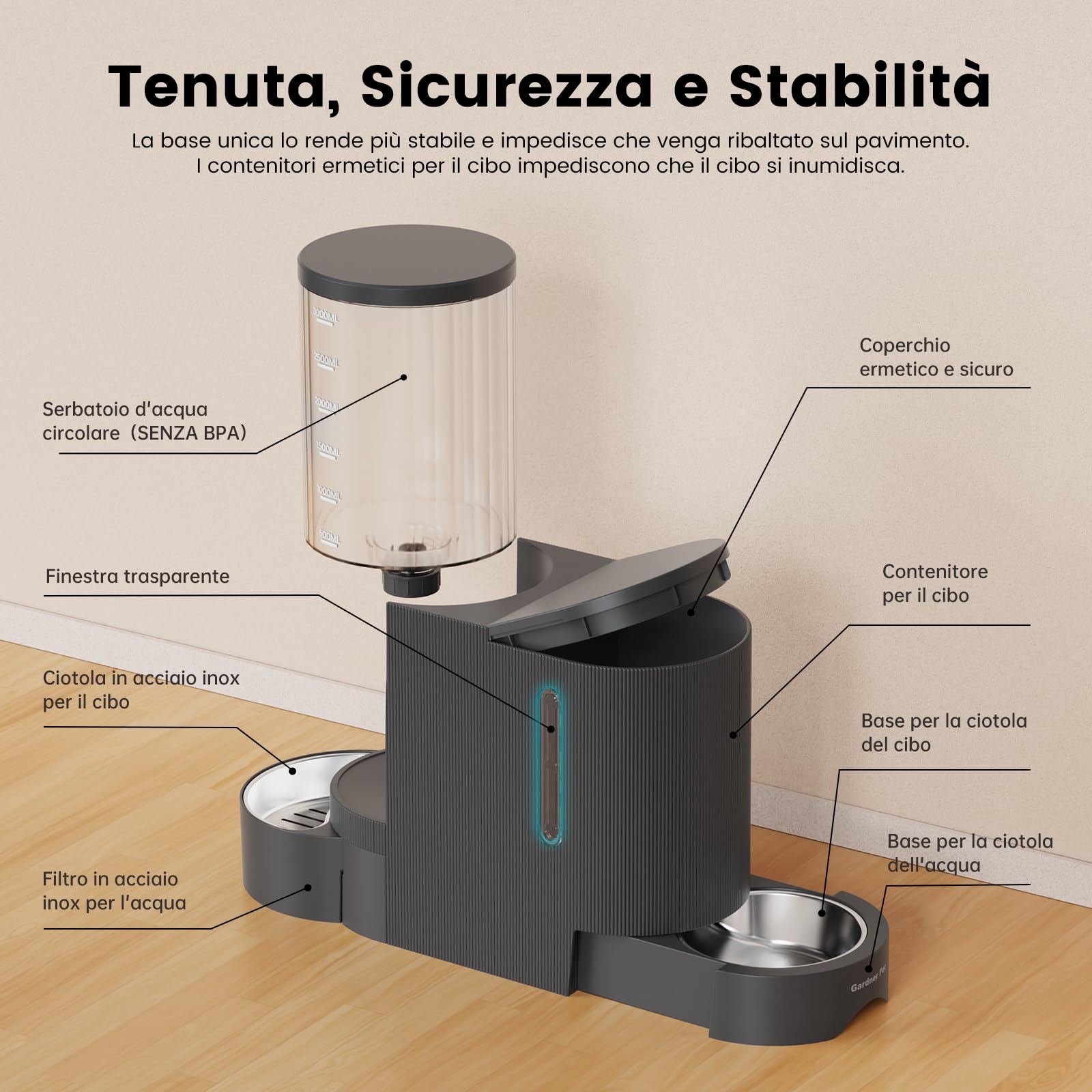 Gardner Pet Distributore 2 in 1 Cibo e Acqua Gatti 3L*2, Grigio Scuro Non Elettrico, Ciotola Estraibile a Cassetto in Acciaio Inox 304, Dispenser Crocchette a Gravità, Senza BPA | Non Elettrico, Ciotola Estraibile a Cassetto in Acciaio Inox 304, Dispenser