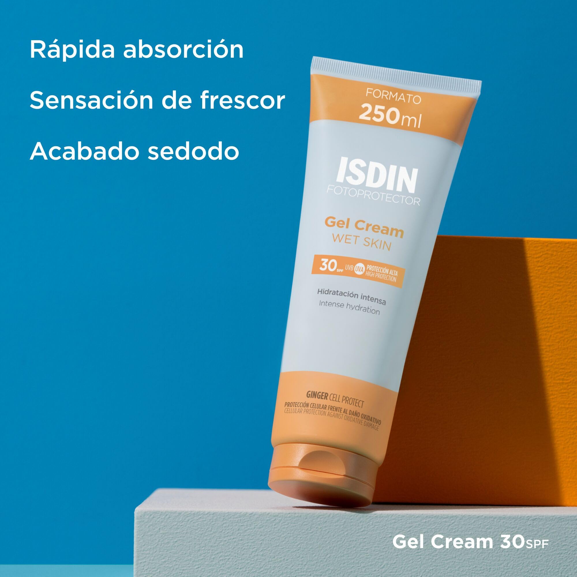ISDIN Fotoprotector Gel Cream Wet Skin SPF 30, Protector Solar Corporal con Textura Gel Crema de Rápida Absorción, Crema Solar que Hidrata como una Crema y Refresca como un Gel -250 ml