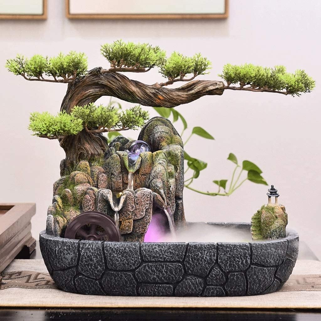 Desktop Fountain Zen Indoor Fountain Indoor 2-Tier Water Fountain and Resin Pine Tree Decorative Fountain Desktop Tabletop Decorative with Submersible Pump Meditation Fountain (Color : F) (B)