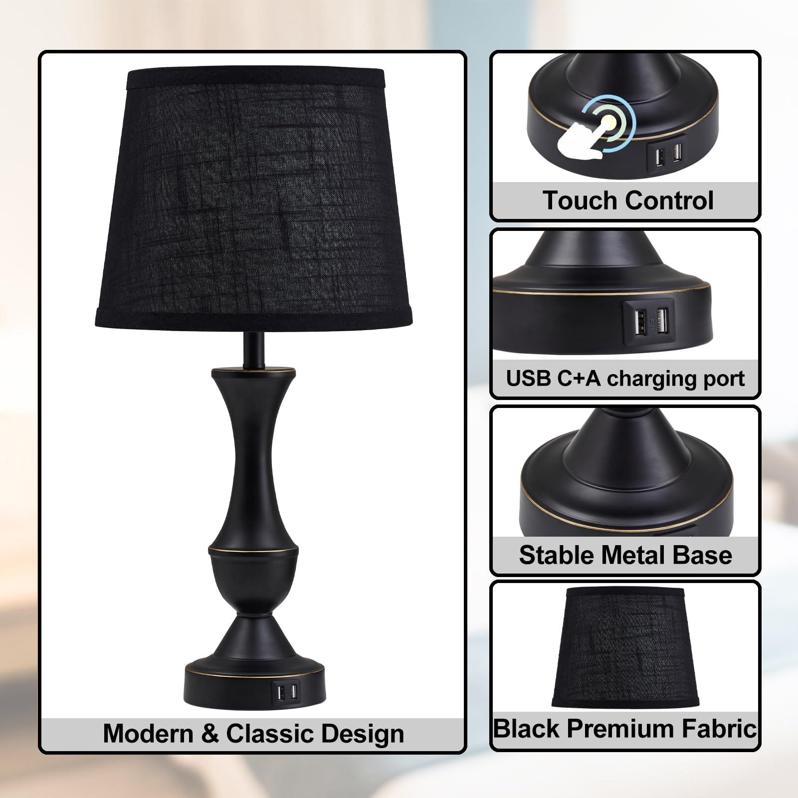 55,9 cm hohe Tischlampen für Schlafzimmer, 2 Stück, schwarz, Nachttischlampen mit USB C + A Ladeanschlüssen, Nachttischlampen mit Premium-Leinenstoff-Lampenschirm für Wohnzimmer, Schlafzimmer, Büro