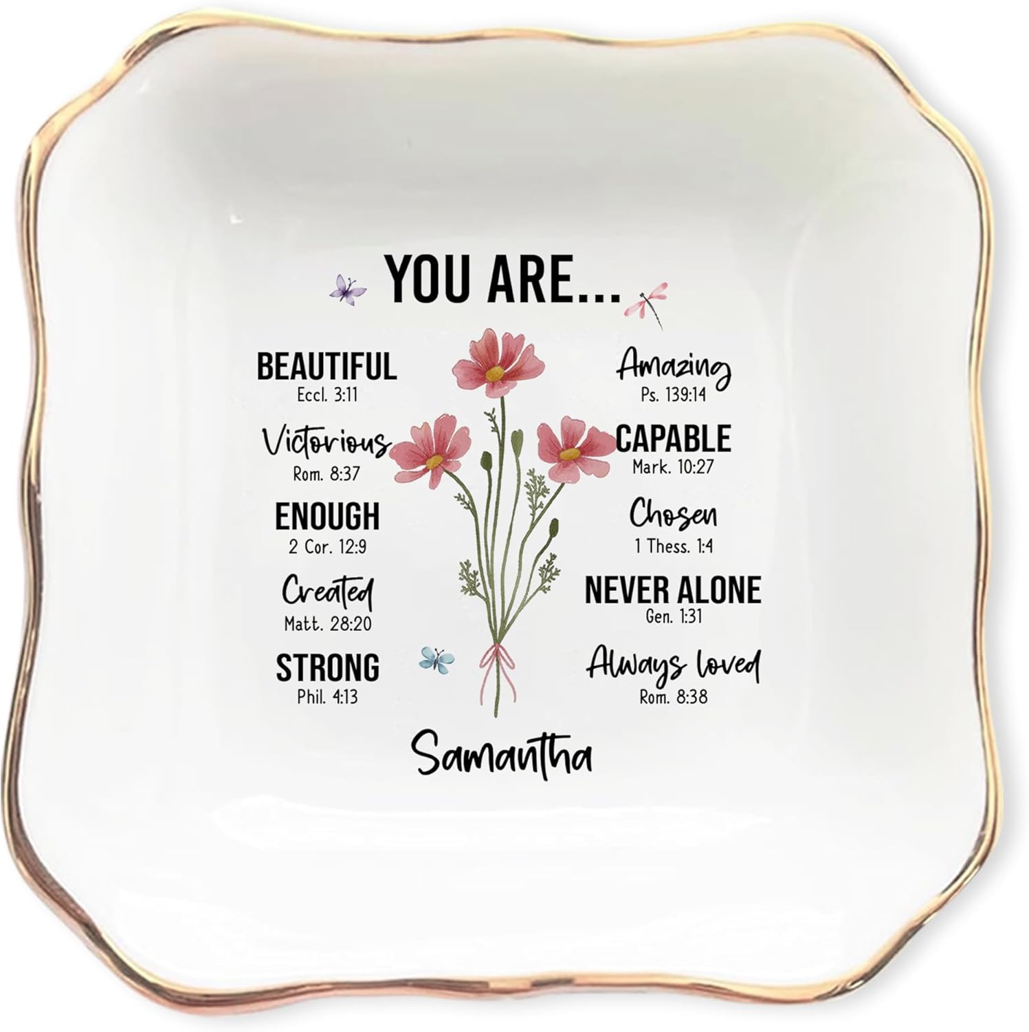 Personalized Bible Verse Ring Dish Gift for Her - Custom Birth Flower Jewelry Dish - Christian Trinket Dish - God Says You Are Gifts