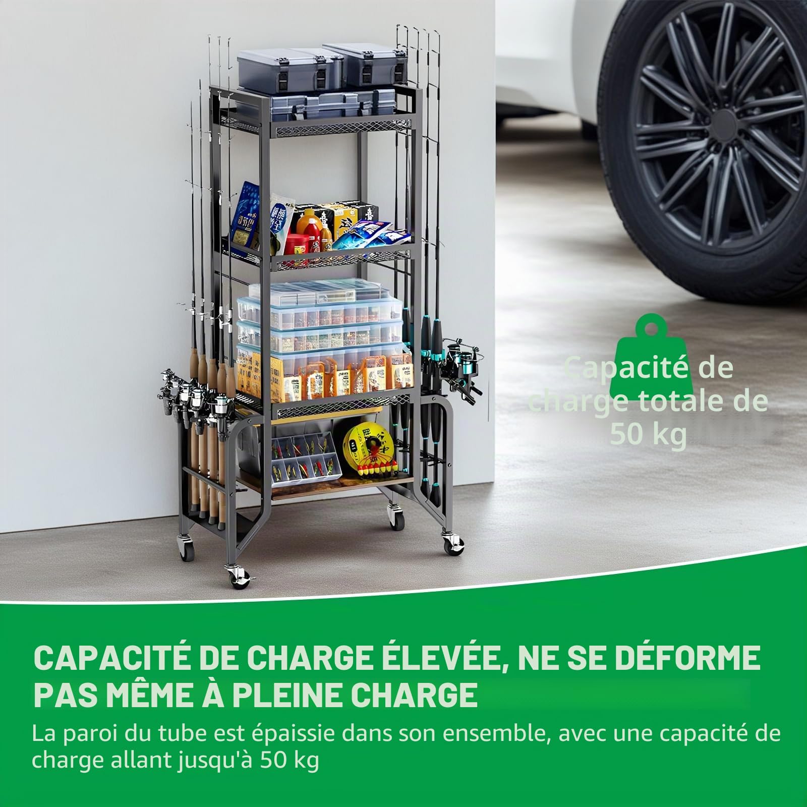 JAOGAUS Support de canne à pêche à 4 couches avec roues pour 10 cannes, support de canne à pêche avec 4 rouleaux pour un déplacement facile, 2 d'entre eux avec freins, pour garage, bateau, maison