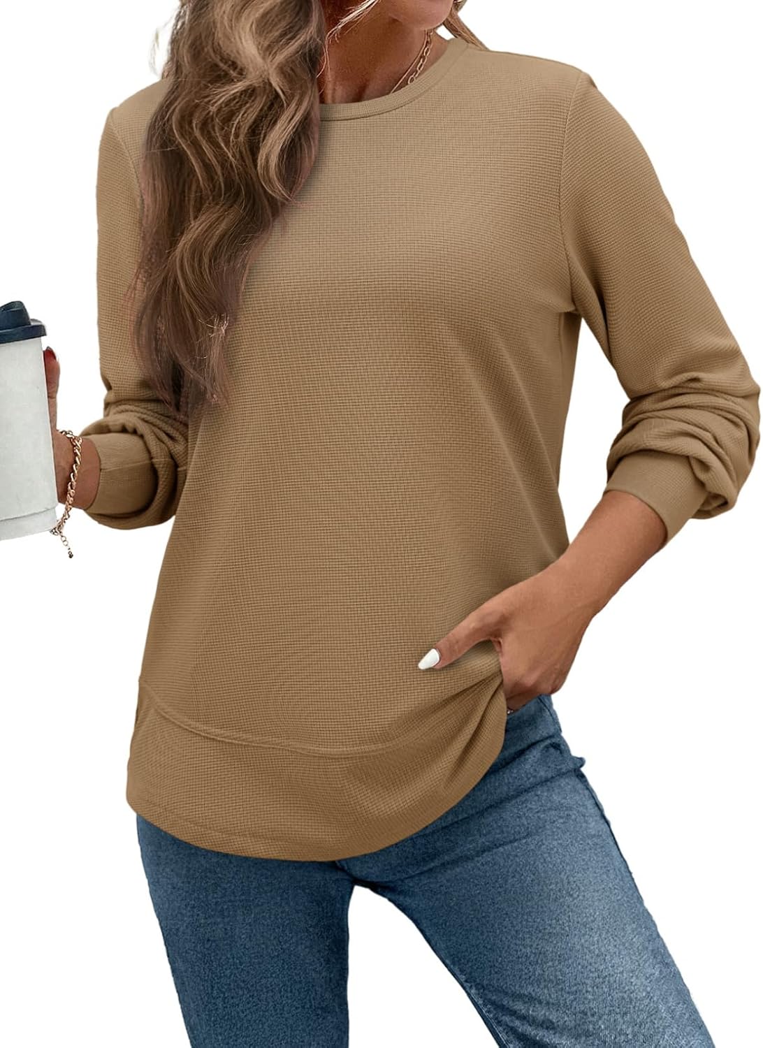 Dokotoo Women’s Casual Crew Neck Sweatshirt Waffle Knit Loose Soft Long Sleeve Pullover Tops