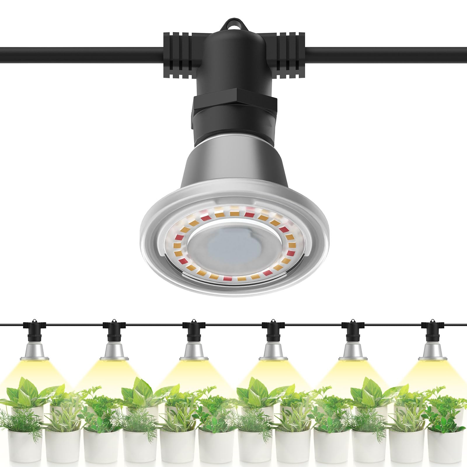 SANSI Hanging Grow Light String for Indoor Outdoor Plants, 6 LED Grow Light Bulbs 72W with Optical Lens for High PPFD, IP65 Waterproof Plant Grow Lamp for Greenhouse Garden (Upgraded)