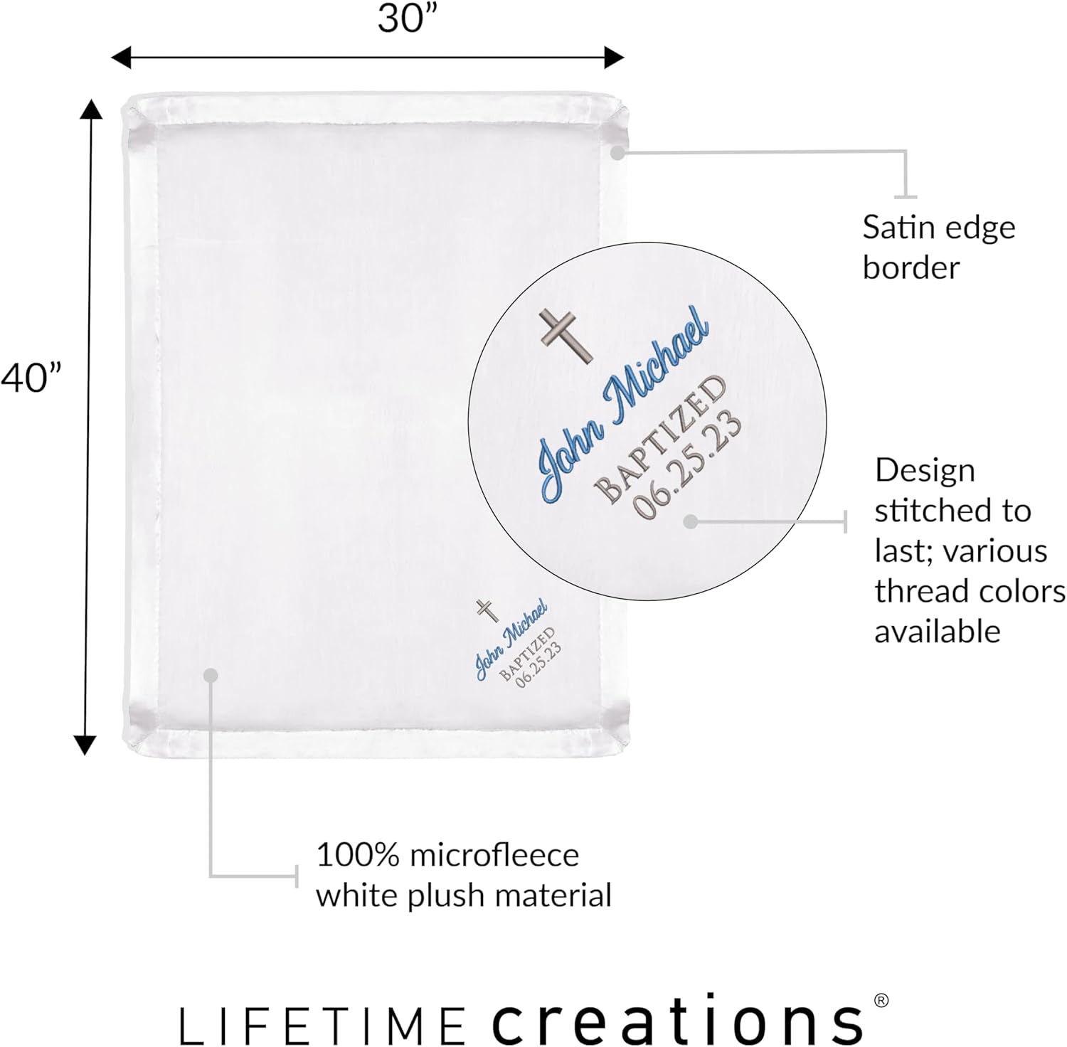 Lifetime Creations Personalized Baby Baptism Blanket: Custom Embroidered White Christening Blanket, Baptism Gifts for Boys & Girls, Baby Dedication Gifts, Bautizo Regalo