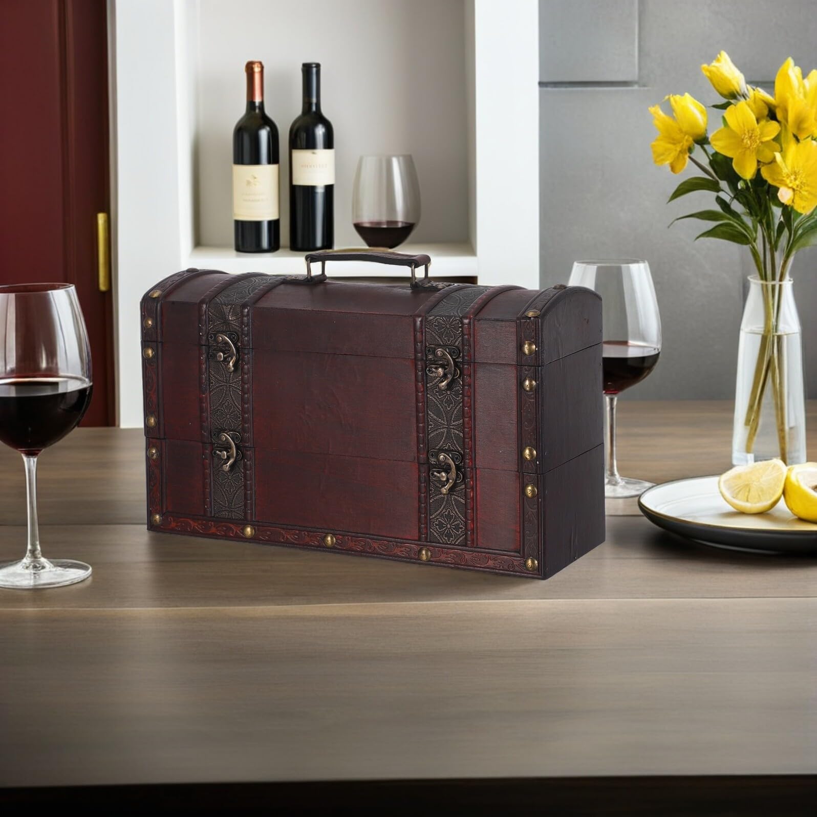 Scatola Vino in Legno Vintage con Coperchio e Maniglia Contenitore Doppio per Bottiglie Custodia Robusta per Trasporto e Conservazione Vino Regalo Matrimonio e Festa