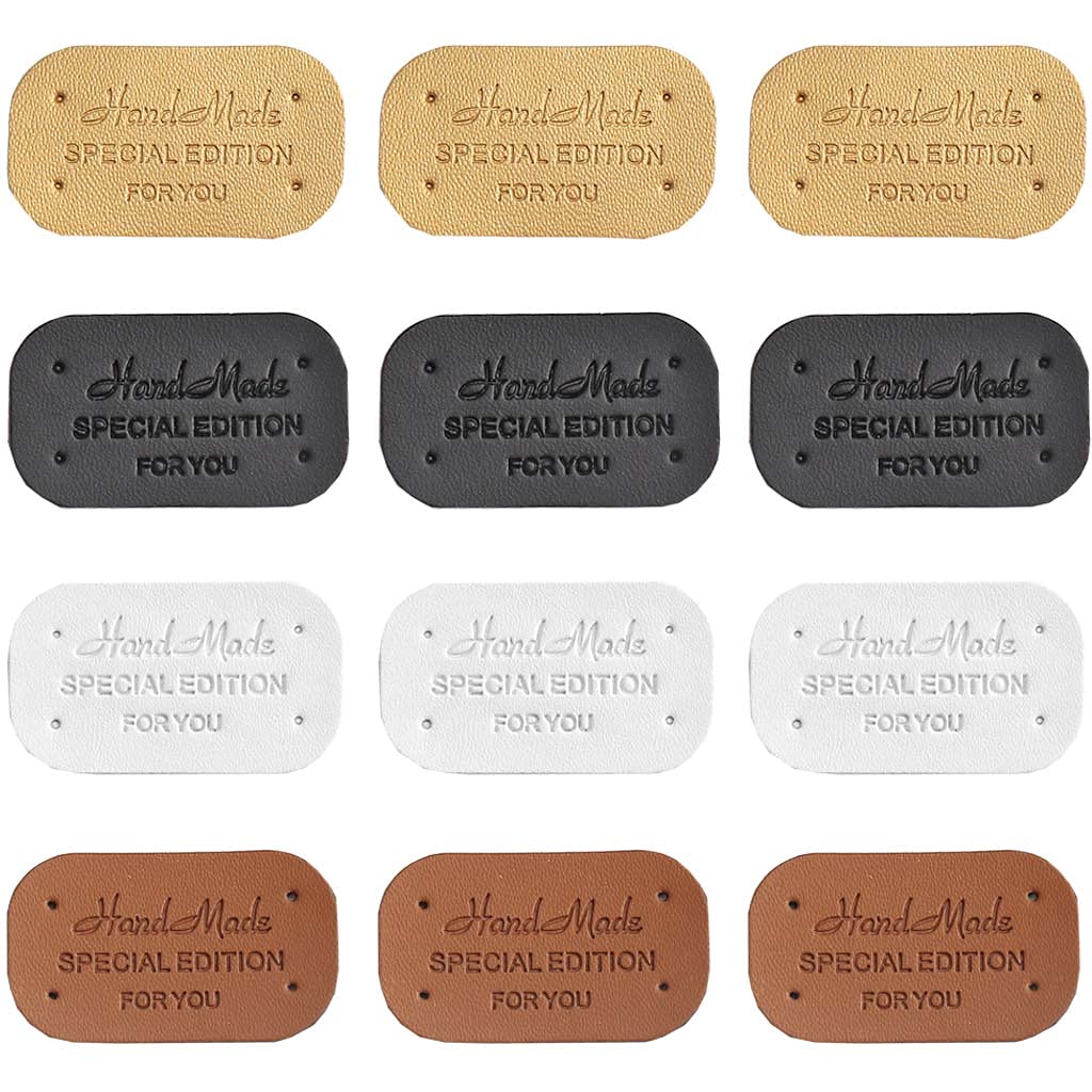100 Étiquettes Cuir Relief "Hand Made" 4 Trous - 5 Couleurs Pour Couture Vêtements Sacs Artisanat