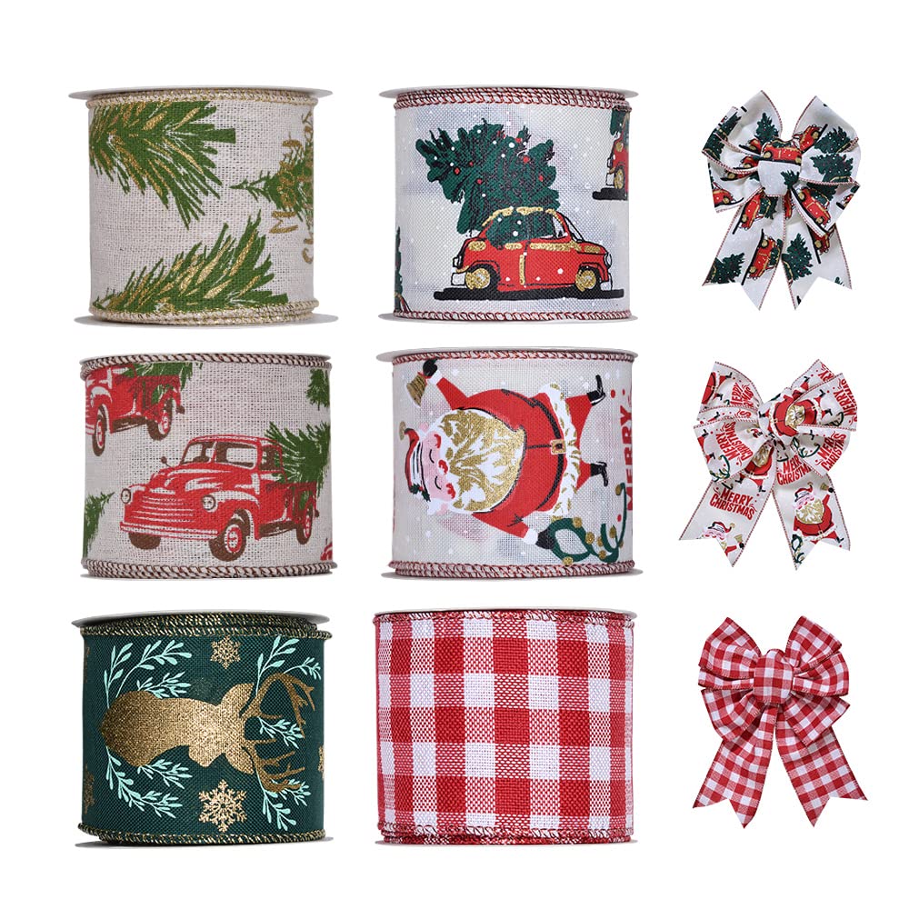 YAMA Drahtband für Weihnachten, 6 Rollen, 30 Meter, 6,3 cm breit, Baumwagen, rot/grün, kariert, zum Verpacken von Kränzen, Schleifen, DIY