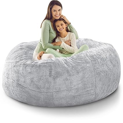 Helyhoob Bean Bag Cover, 5FT Ultra Soft Round Bean Bag Chair Cover for Adults Kids(Cover only), Washable Fluffy Faux Fur Bean Bag Lazy Sofa Bed Cover, Snow Gray