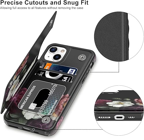 Miniatura 3 de LETO Funda tipo cartera de piel con tapa para iPhone 15+ Plus, diseños de flores de moda, ranuras para tarjetas, función atril, funda protectora