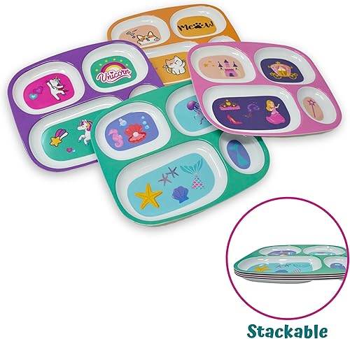 Miniatura 4 de 4E's Novelty 4 platos llanos de melamina para niños y niñas, platos divididos de plástico, juego de vajilla para niños pequeños quisquillosos, sin