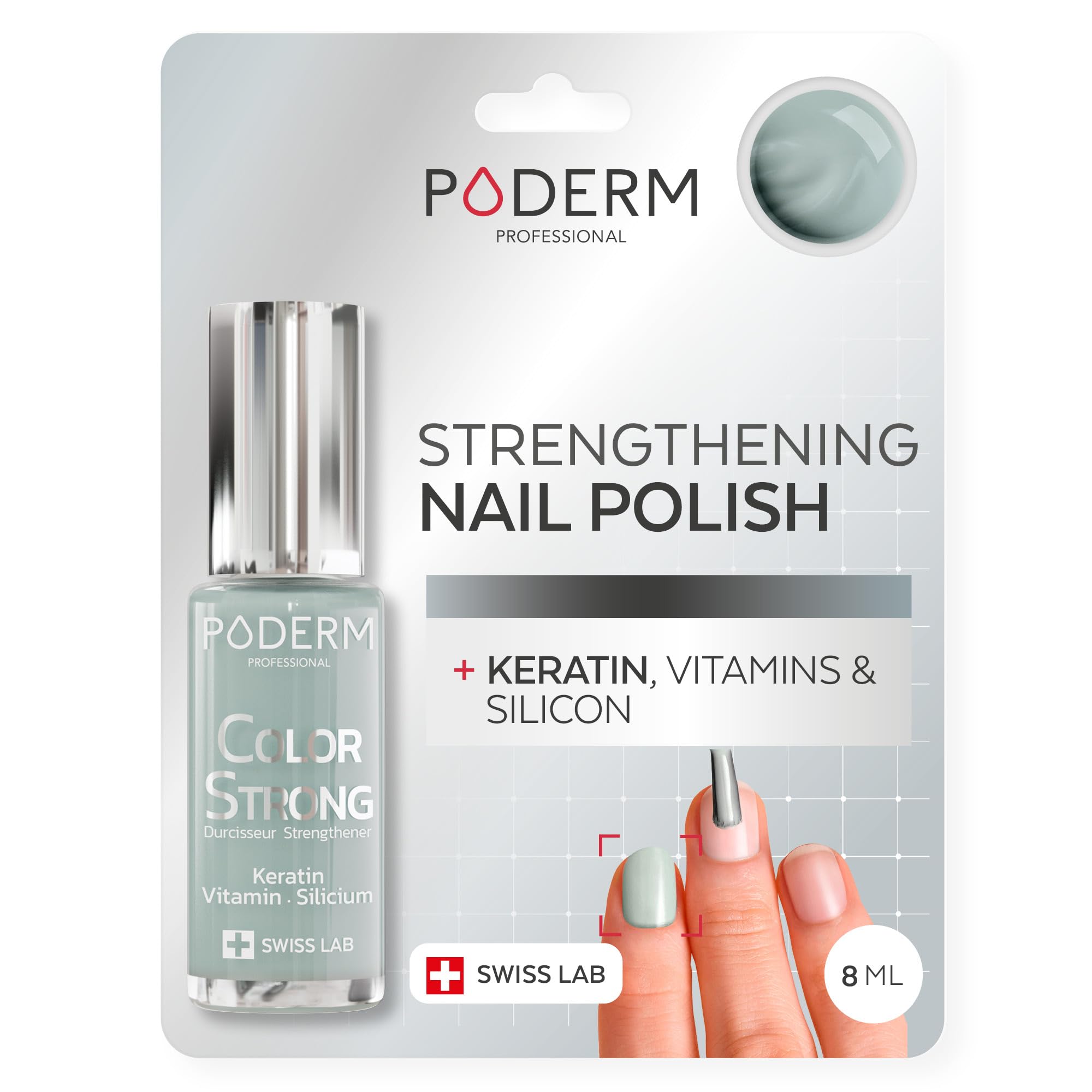 PODERM Nail Strengthener Polish - Soft Sage | Repairs and Strengthens Nails Damaged & Weakened by Semi-Permanent Nail Polish | Biotin, Silicon and Keratin | Developed by a Podiatrist in Switzerland