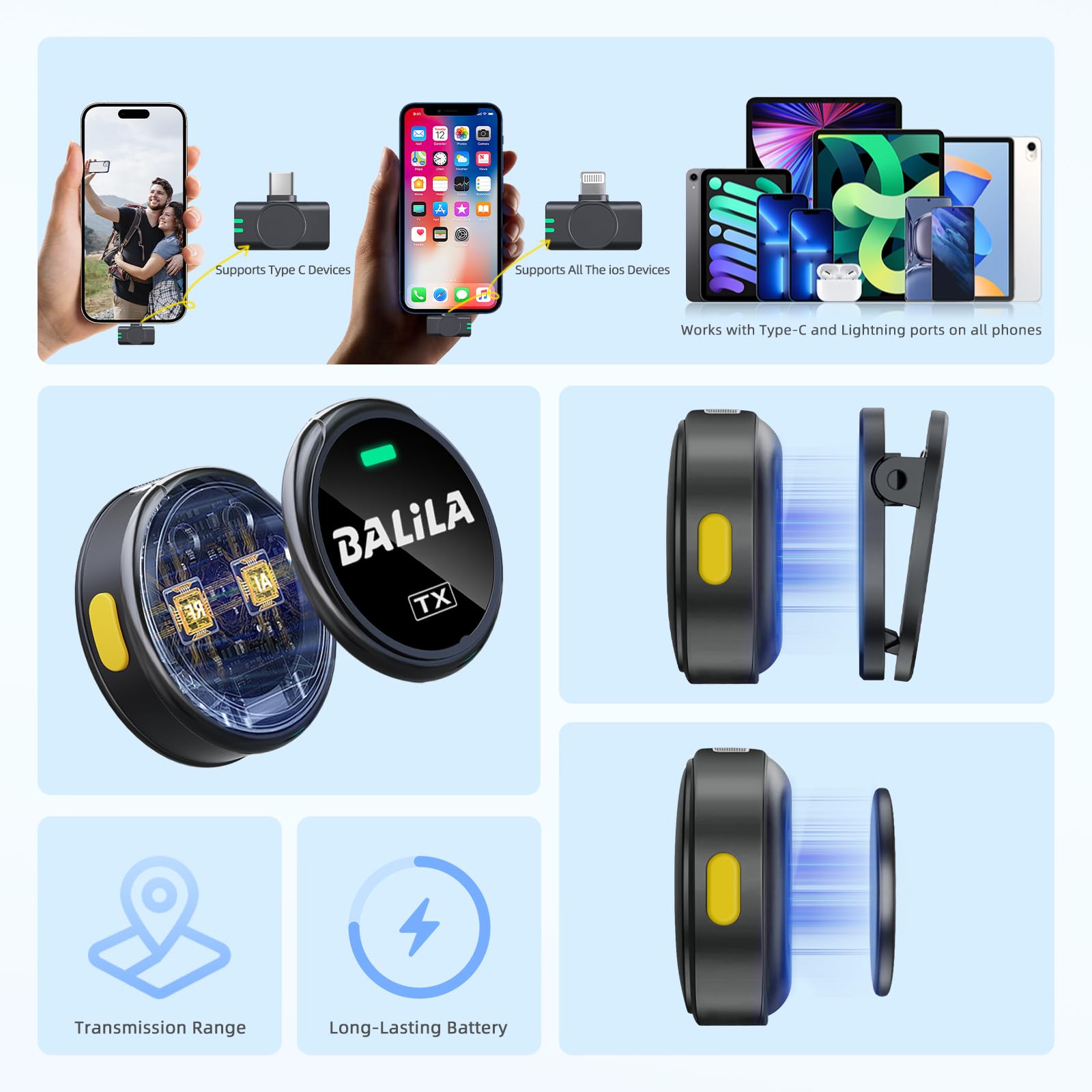BALILA Wireless Lavalier Microphone for iPhone iPad Android Phone Noise Reduction & Crystal Sound Lapel Mic - Image 3