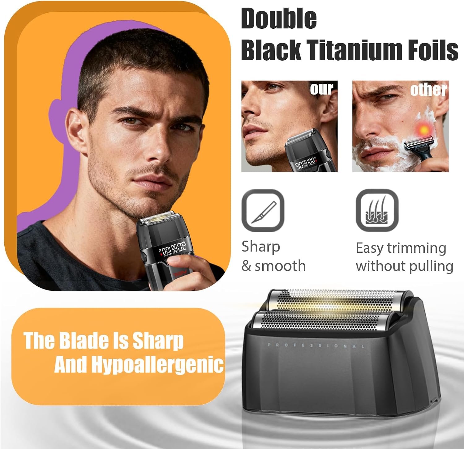 VGR 308 Electric Shavers for Men, Professional Double Foil Shaver 9000RPM Cordless Head Shaver with Titanium Foils, LED Display, USB Rechargeable Men's Electric Razor for Face & Beard, Gold