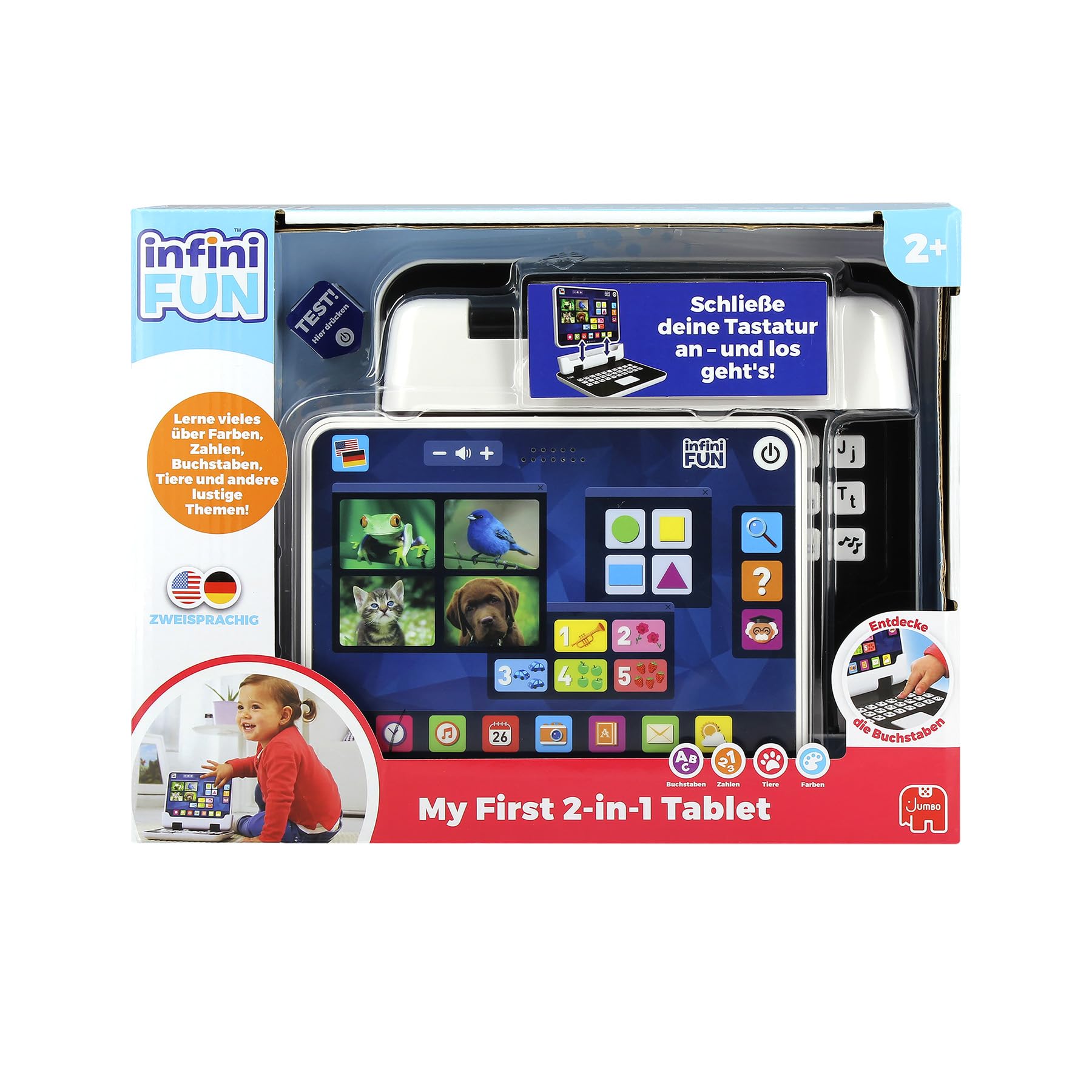 INFINI FUN - Mein erster 2-in-1-Tablet - elektronisches Lernspielzeug - Spielzeug zur Nachahmung - Verschiedene Themenbereiche wie Tiere, Zahlen und das Alphabet - ab 2 Jahren