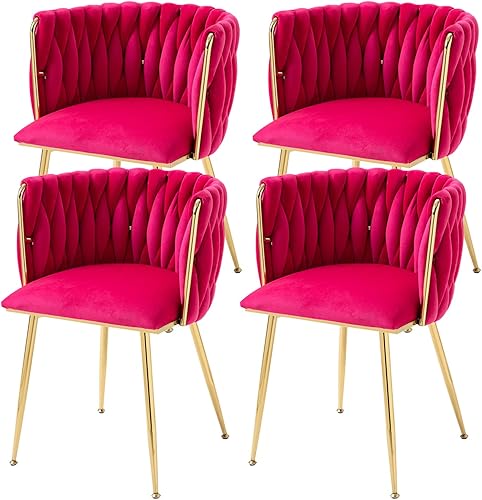 Miniatura 8 de Tsuysi Juego de 2 sillas de comedor de terciopelo, sillas de comedor modernas doradas con patas de metal, sillas de comedor tapizadas tejidas para