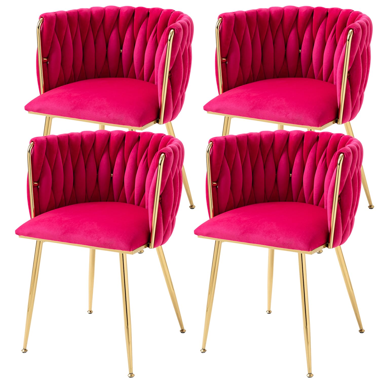 Tsuysi Velvet Dining Chairs Set of 4, Modern Upholstered Dining Room Chairs with Golden Metal Legs and Woven Backrest for Dining Room, Kitchen, Vanity