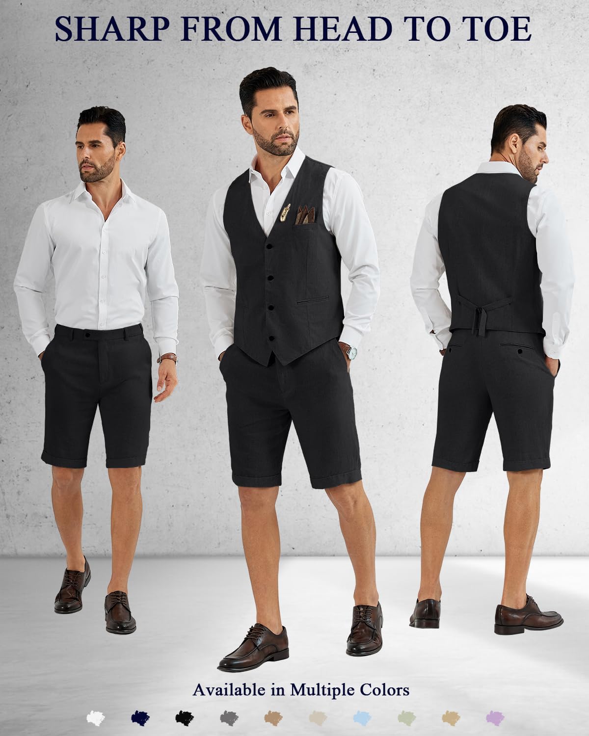 Men's Suit Linen 2 Piece Vests Short Pants Suits for Men Casual Summer Beach Groomsmen Wedding Waistcoat Set Outfit - Image 2