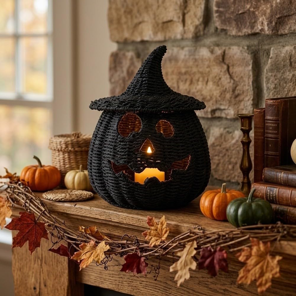 Lanterna di Halloween in tessuto di paglia con Jack-o-Lantern (zucca