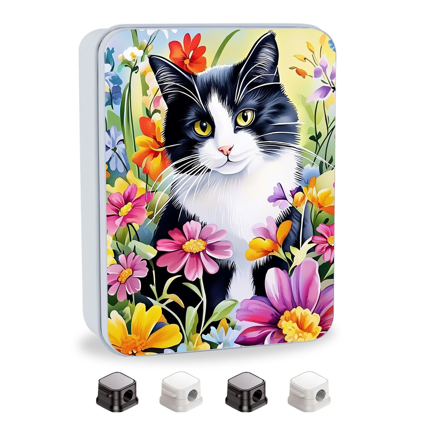 Metal Tin Box with Lid,Multi-functional Storage Box Can Store Tea Biscuits Game Cards, Playing &amp; Tarot Cards-Comes with 4 Magnetic Cord Clips,Tuxedo Cat in Flowers