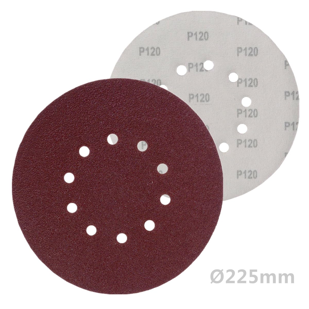 100 discos abrasivos de KLETT Ø 225 mm con 10 agujeros, grano P120, lijadora excéntrica de cuello largo, lijadora orbital de Bohrfux