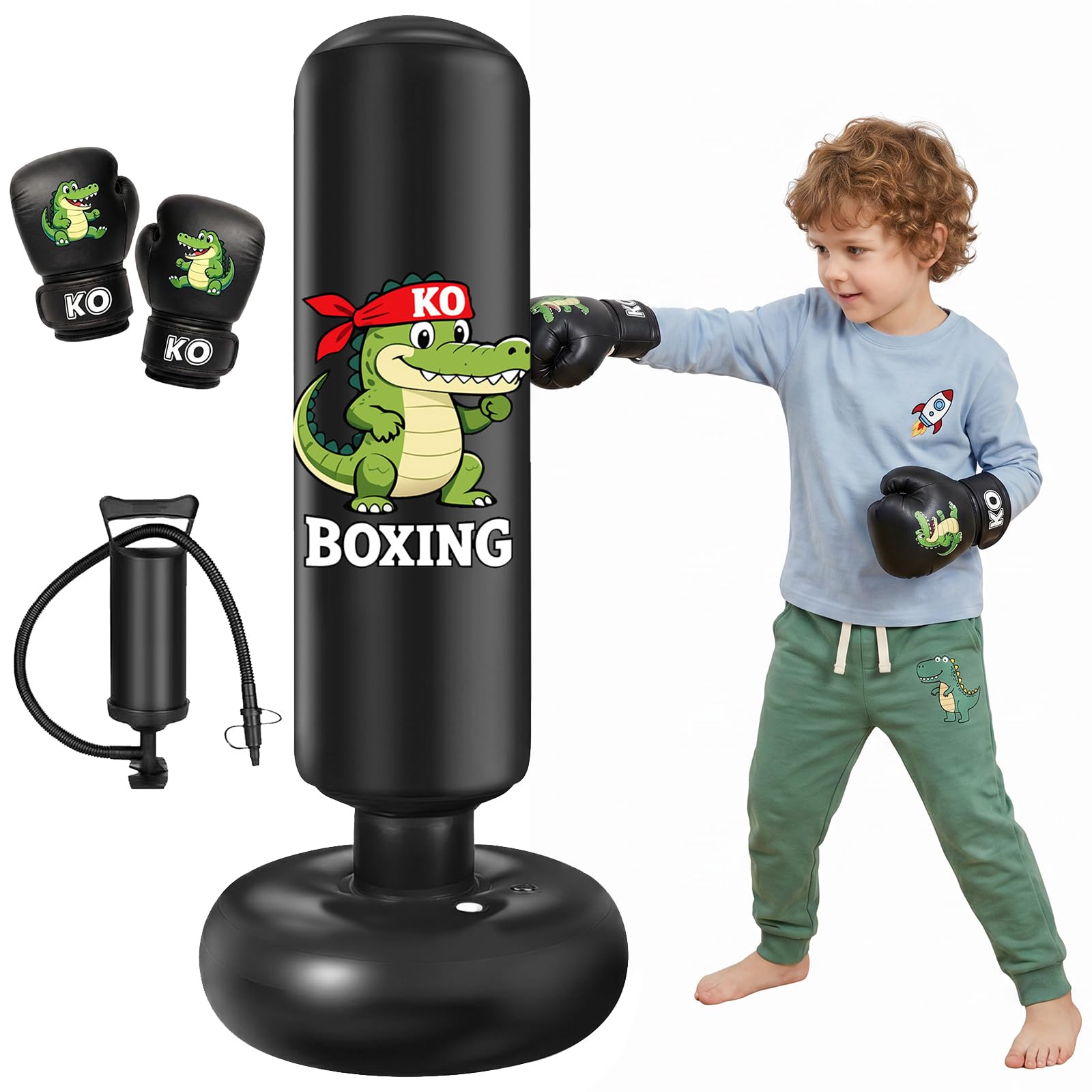 Ninonly Boxsack für Kinder 130cm Aufblasbarer mit Handschuhen & Pumpe