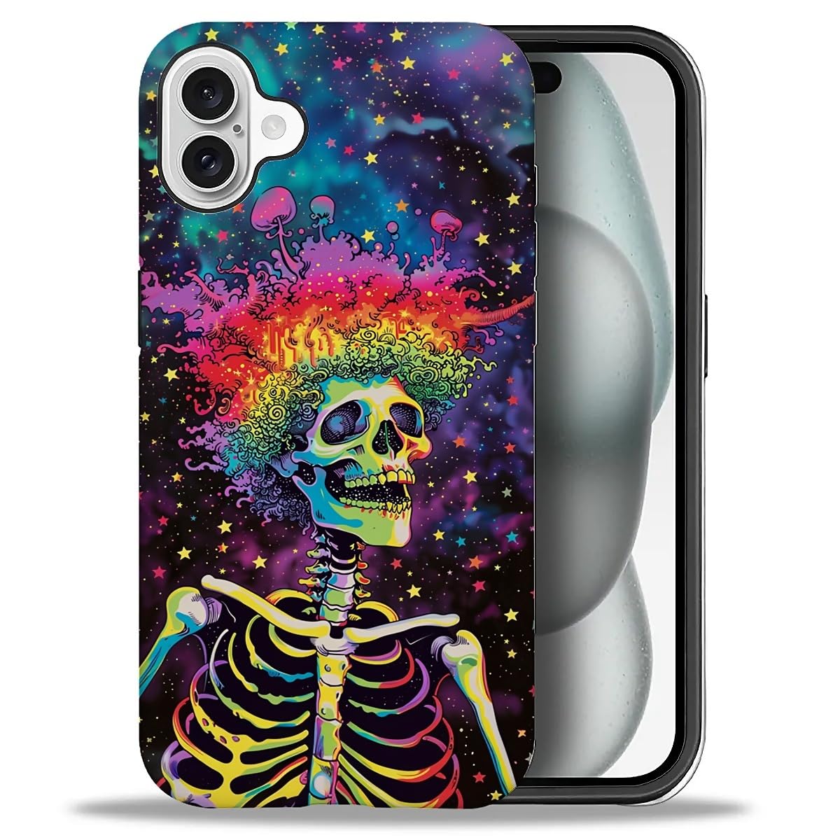 Bvkilrvc Compatible with iPhone 16 Plus Case, Skull Rainbow Stars Pattern Print Matte Phone Case Funny Liquid Silicone Case Impact Resistant