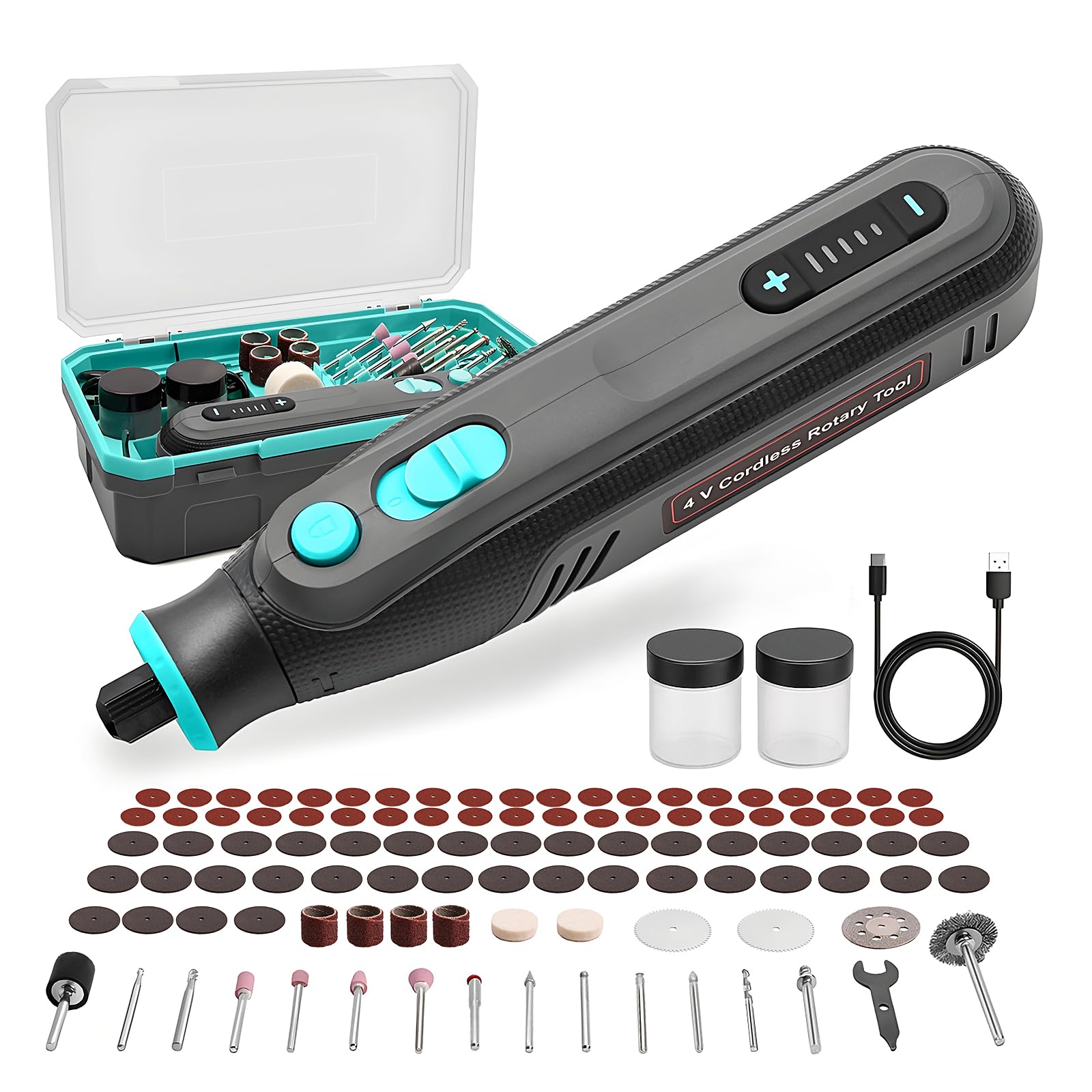 BlueMars Juego de herramientas giratorias inalámbricas de 4 V, kit de herramientas giratorias de 5 velocidades con 101 accesorios, herramienta giratoria eléctrica de carga tipo C para grabar, lijar