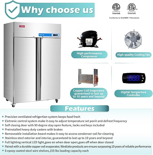 Miniatura 4 de WESTLAKE Congelador comercial de 48 pulgadas de ancho 2 puertas de 2 secciones de acero inoxidable Alcance en puerta sólida Ventilador Refrigeración