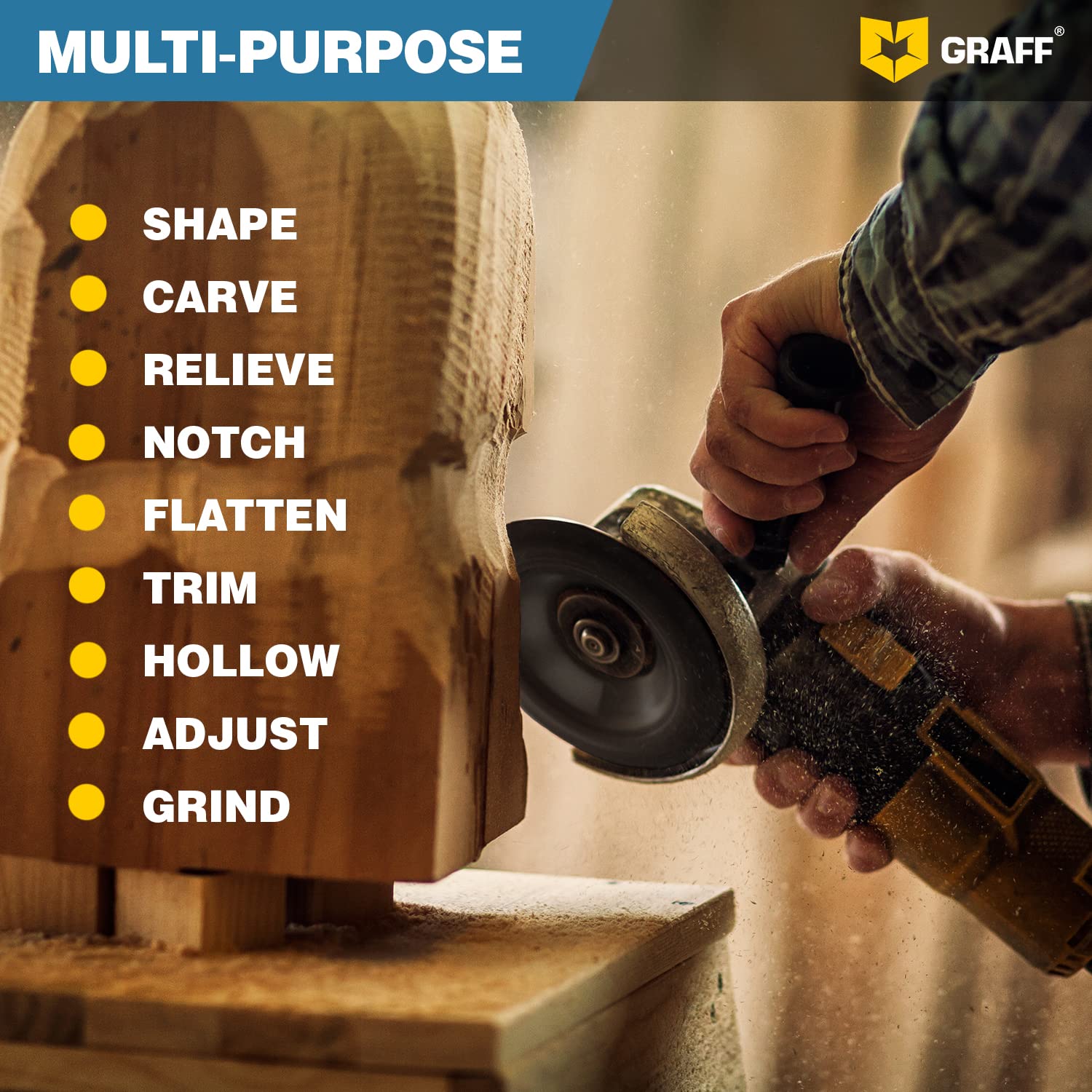 GRAFF Premium Wood Carving Disc 4 1/2 Inch for Angle Grinder – Shaping and Grinding Wheel for Wood, Softwood, Hardwood – Woodworking Angle Grinder Attachment with 7/8" – 5/8" Arbor