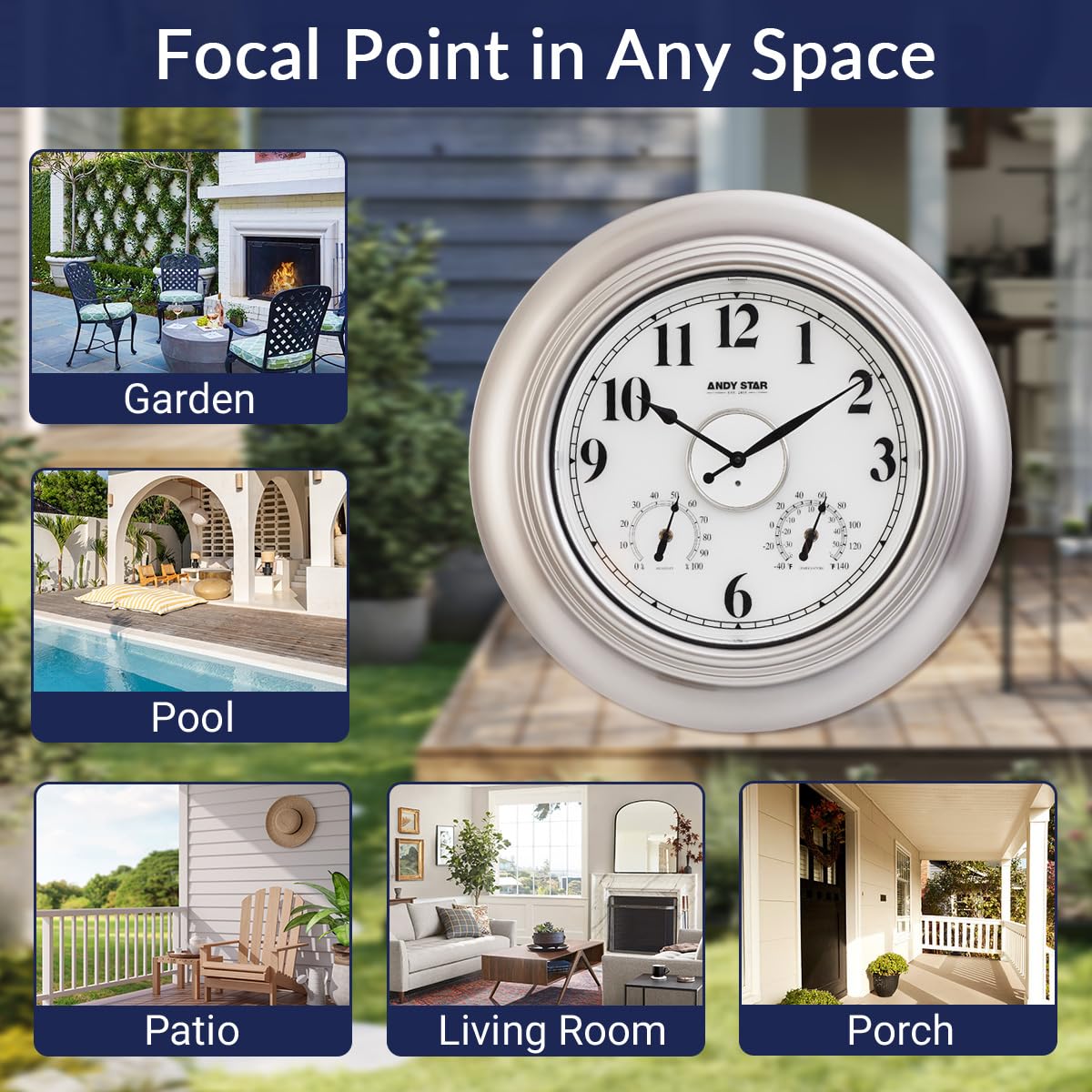 ANDY STAR 21 Inch Silver Illuminated Outdoor Wall Clock Waterproof with Thermometer and Hygrometer, Oversized Battery Operated Round Wall Clock, Big Silent Clock for Patio Pool Garden