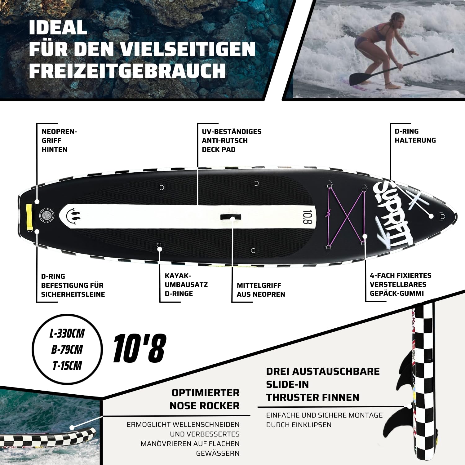 Suprfit Stand-Up Paddling Board Funny Stickers – Black | All in One Set: SUP Board, Hochwertiger Rucksack, Teleskop Paddel, Double-Action Luftpumpe, Leash, Slide-In Finnen Set, Reparatur Set