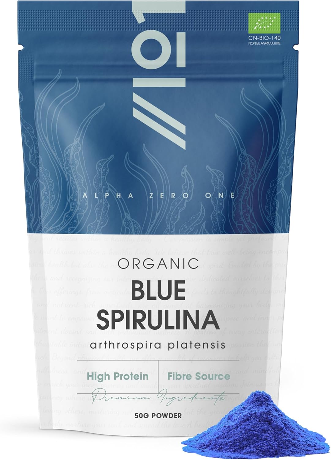 Organic Blue Spirulina Powder 50g – 100% Natural Phycocyanin for Smoothies – Vibrant Blue Food Colouring & Ingredient – Rich in Protein – Resealable and Recyclable Pouch by Alpha01