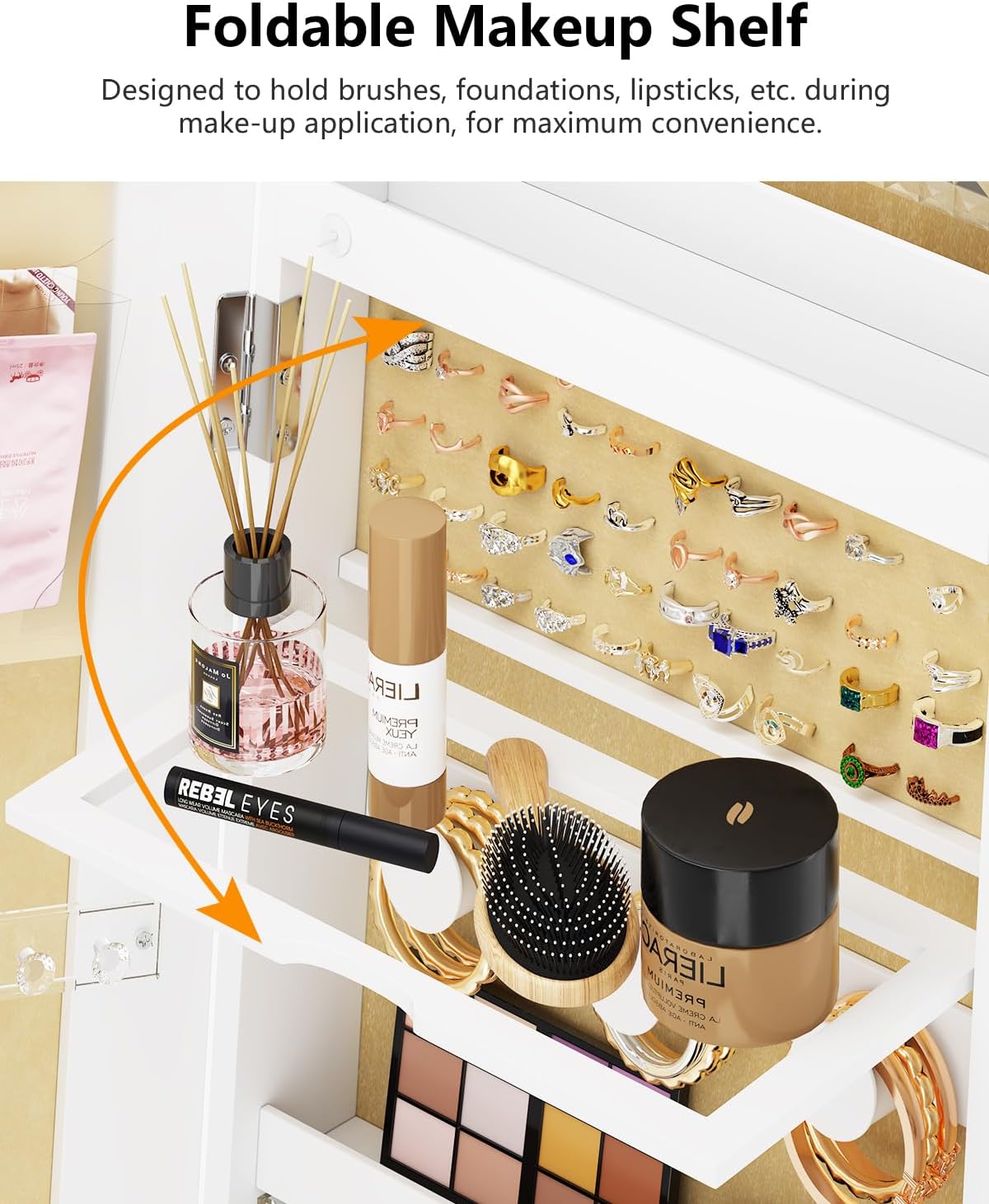 Full Length Mirror with Jewelry Storage, 360° Rotating Jewelry Armoire Organizer with Lights, Lockable Mirror Jewelry Cabinet Standing, Jewelry Mirror Cabinet for Gifts (White)