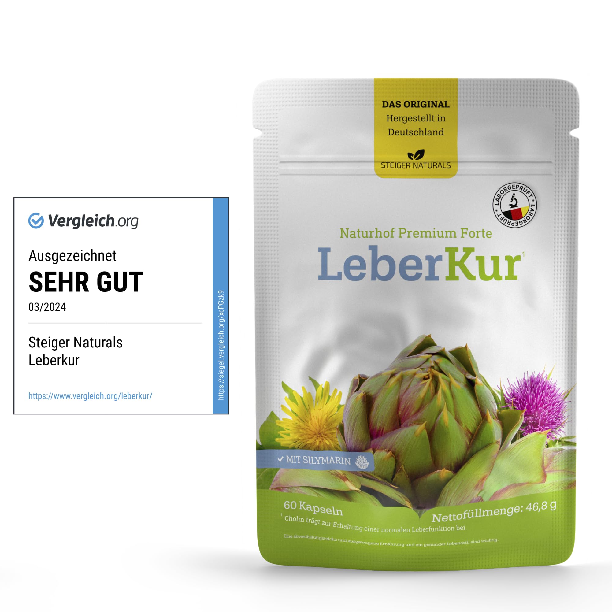 Steiger Naturals Naturhof Leber Kur Das Original - Mariendistel, Artischocken, Cholin, Vitamin E & B12, vegan, 60 Kapseln für 1 Monat