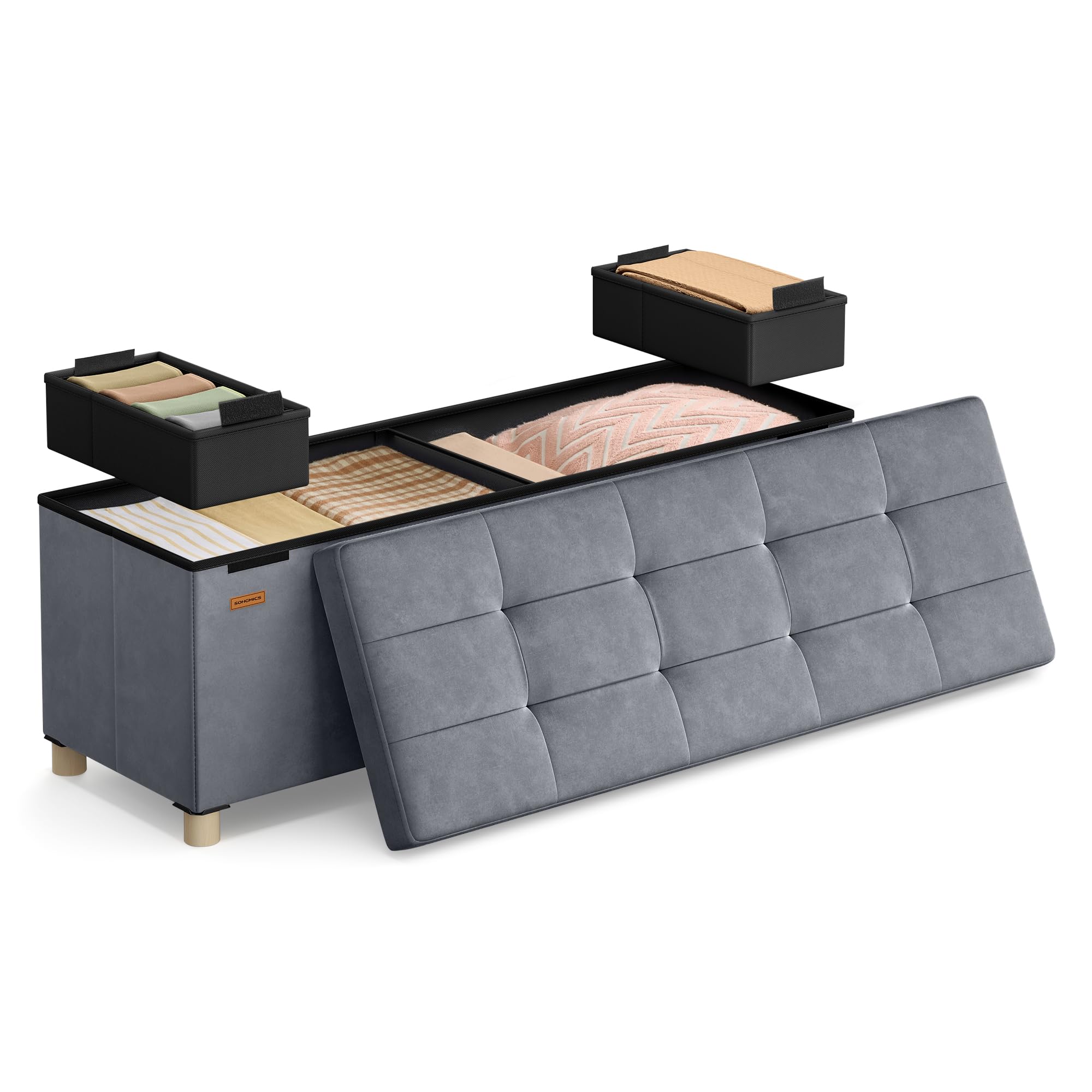 SONGMICS Storage Ottoman, 38 x 110 x 40 cm, Folding Storage Bench with Lid, Footstool, Footrest, 112 L, Velvet Surface, for Bedroom, Hallway, Living Room, Slate Grey LSF0518G03