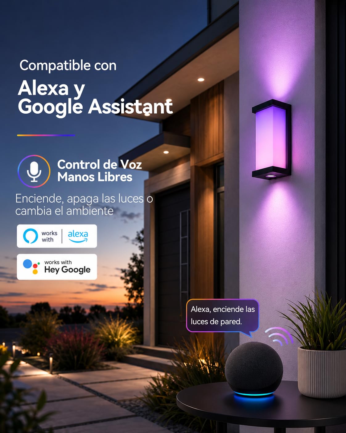 Meevt Lampara Exterior Pared Inteligente RGBCW, Luz Exterior LED - 1 Unidad | 1800LM, Iluminación de 3 Caras, IP65 Impermeable, Compatible con Alexa y Google Assistant, Porche Garaje Interior Exterio