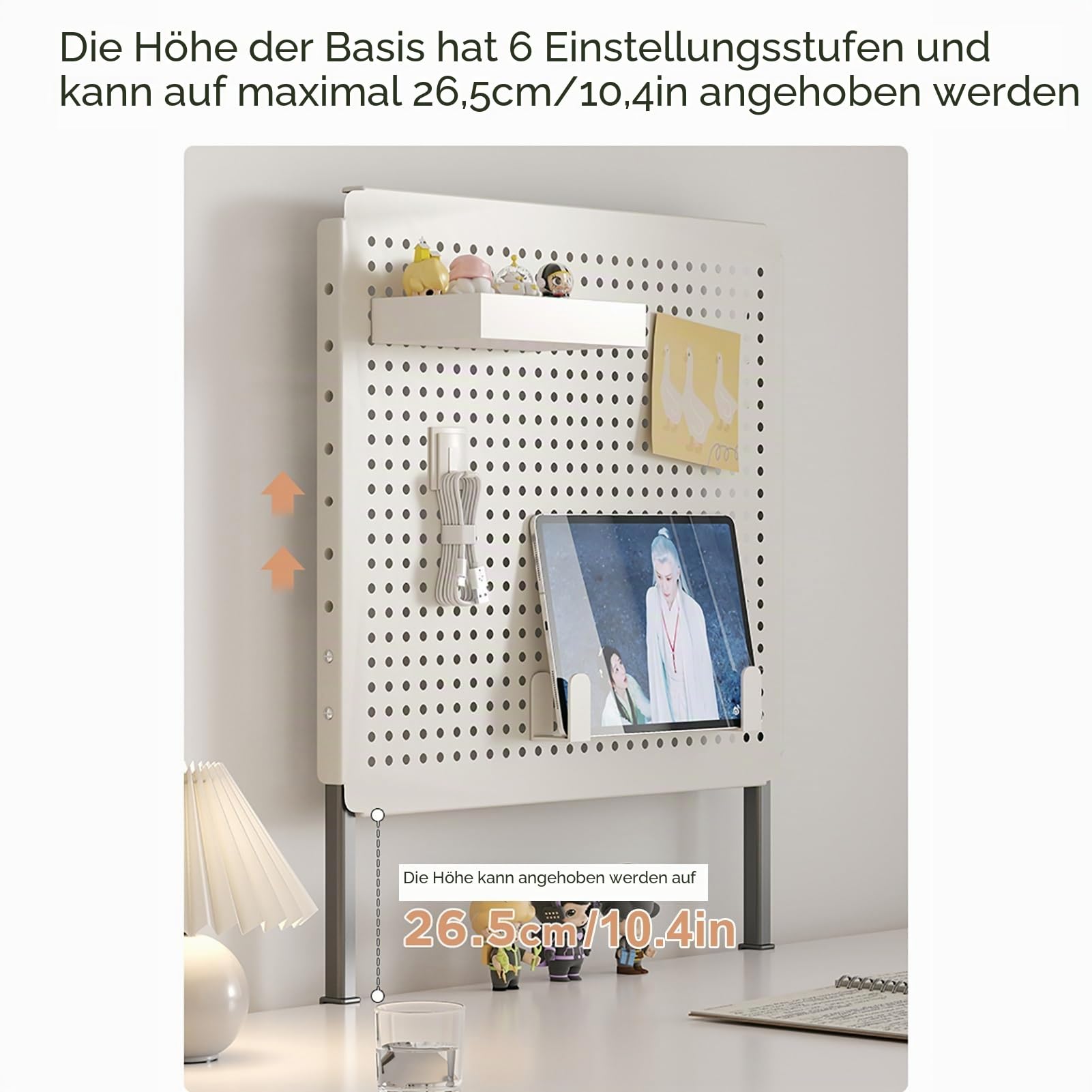 Pegboard Metall Mit Höhenverstellbarer Basis, Lochplatte Schreibtisch, Kleiner Stecktafel Organizer für Büro, Arbeitszimmer, Schlafzimmer, Küche ( Color : White(clip-on base) , Size : 80*40cm )
