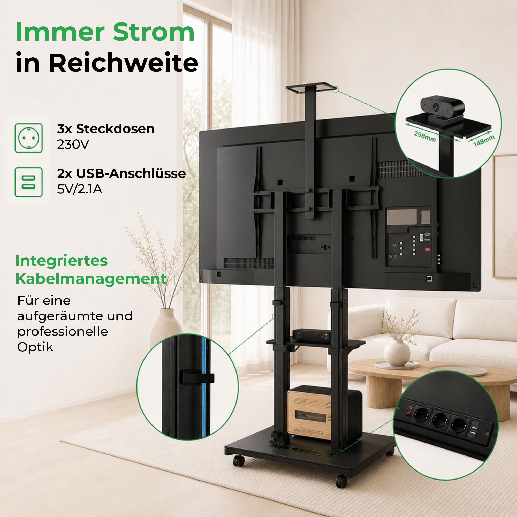 Duolite mobiler elektrischer TV Ständer für 45-110 Zoll max. 120 kg, motorisierter TV Lift mit stufenloser Höheneinstellung via Fernbedienung, max. VESA 900x800, mit Ablagen und Steckerleiste