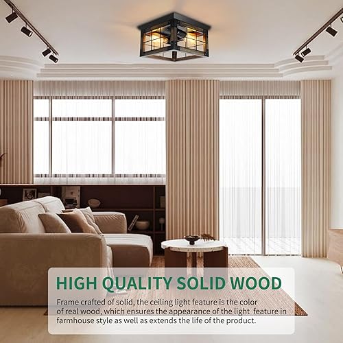 Miniatura 9 de JHLBYL Lámpara de techo de madera de granja, metal negro rústico cerca del techo con 4 enchufes E26 Blub, luces de porche al aire libre para cocina,