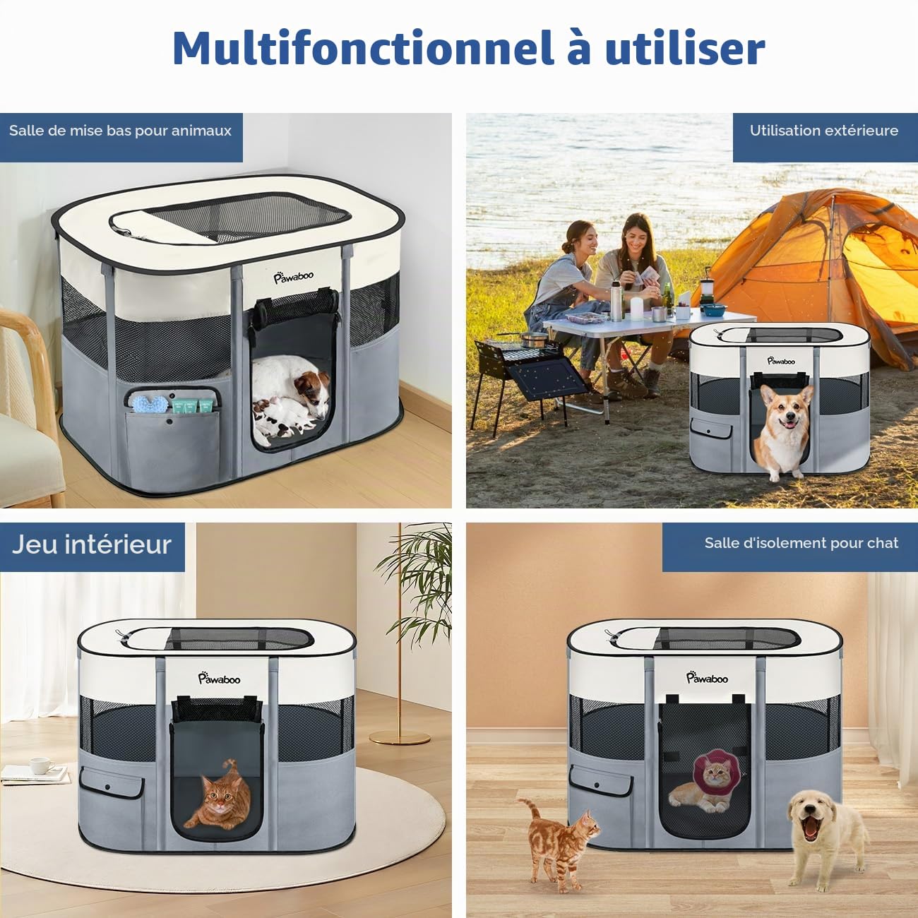 Pawaboo Parc Portable pour Chien en Tissu Oxford 600D, Gris | Parc pliable avec fenêtres en maille, portes enroulables, sac de transport et gamelle pliable, 89 × 71 × 61 cm(L)