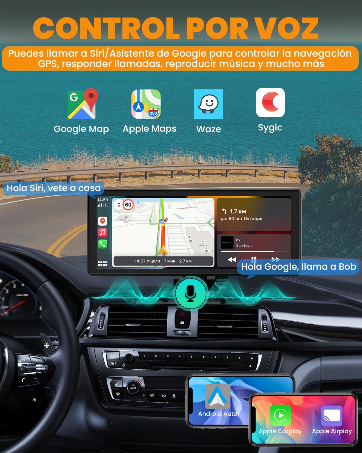 Pantalla Coche, 8.88" Pantalla Carplay Coche para Apple y Android con HD 1080P Cámara Trasera y Delantera, Navegación GPS, Bluetooth 5.2, Control por Voz Manos Libres, Mirror Link, FM, AUX