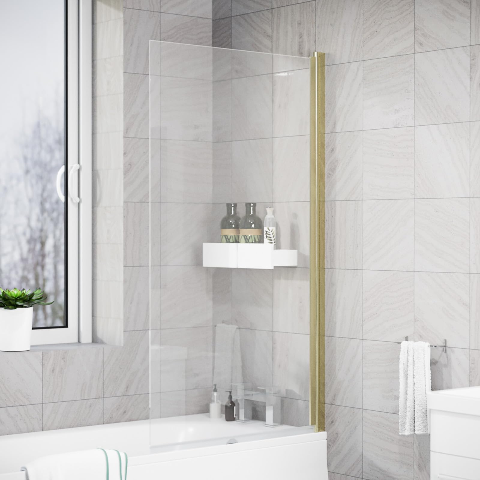 Nes Home Brushed Brass 800mm Framed Pivot Swing Door Bath Screen Reversible