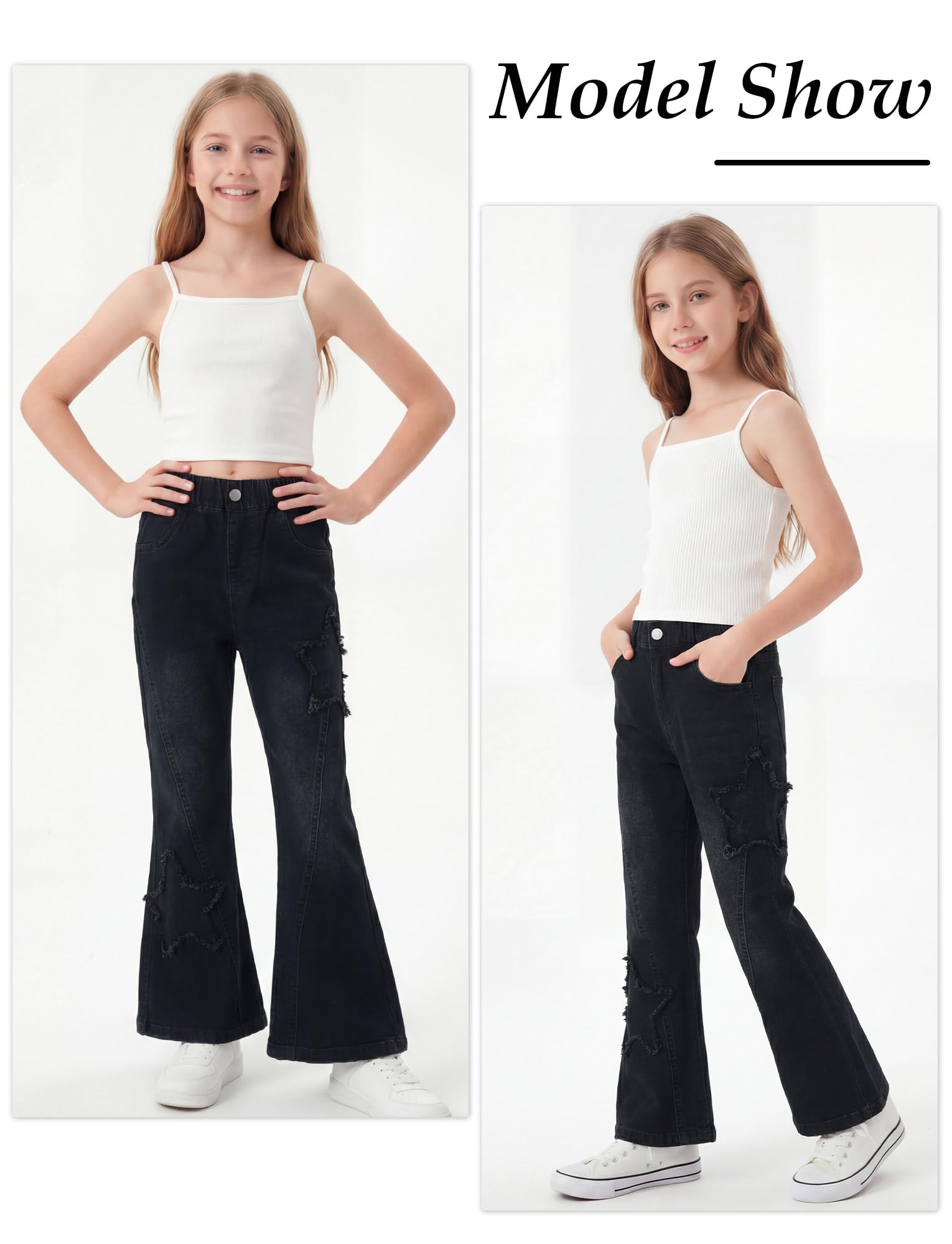Maeau Jeans à Jambe Évasée étoile pour Fille, Mode Pantalon Flare Élastique, Jeans Denim Slim Extensible Décontracté, avec Poche, Doux Confort, Printemps L'été Automne, Taille 120-170/4-14 Ans