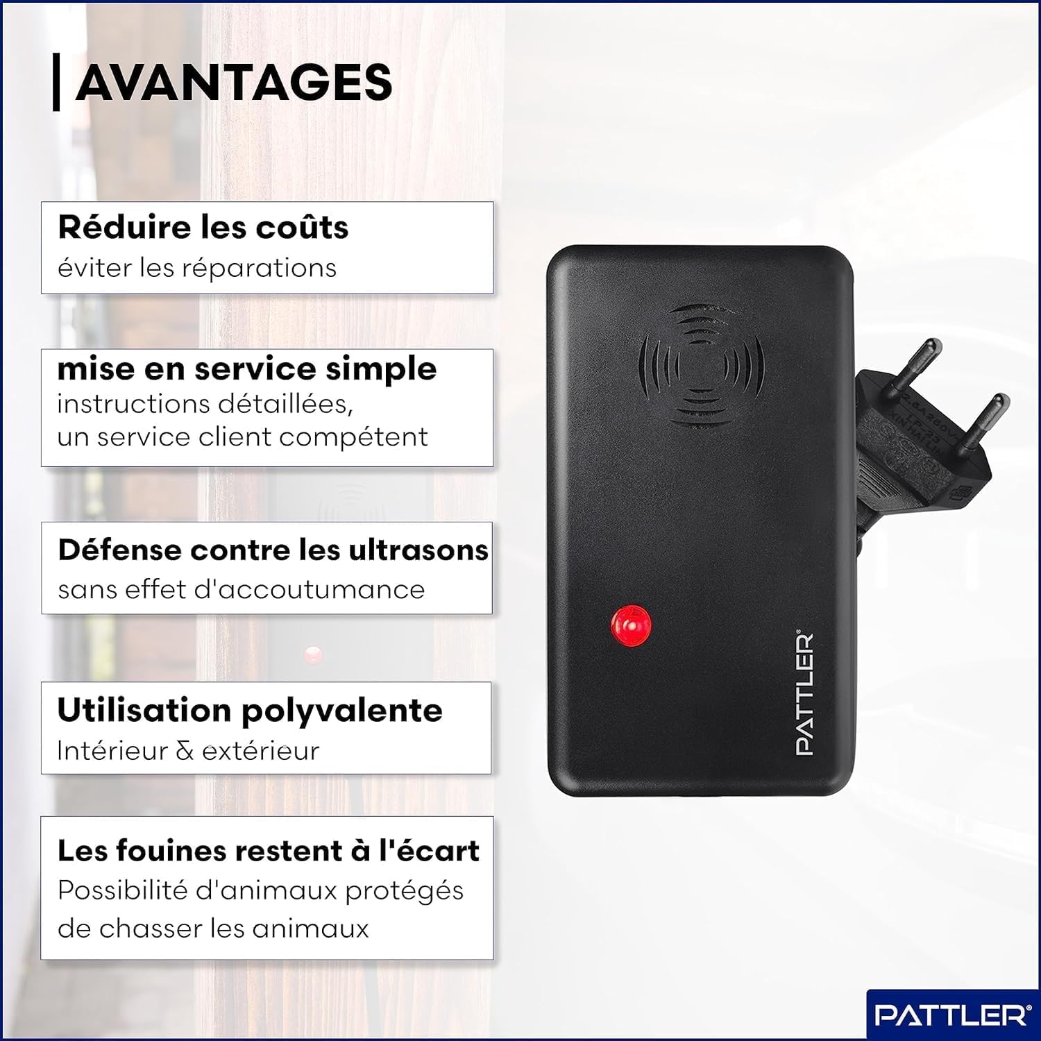 PATTLER Anti Martre avec Prise – Répulsif Anti Martre à Ultrasons pour Intérieur, Maison, Garage et Grenier Jusqu’à 60 m². 2 Unité