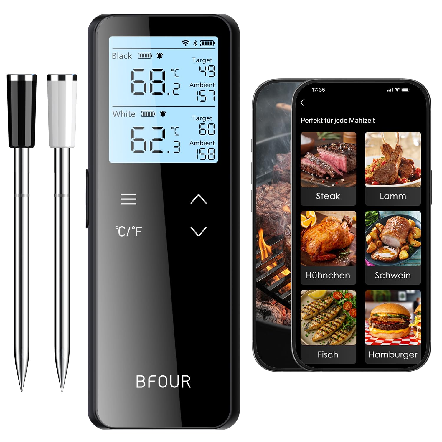 BFOUR BF-80 Termometro per carne senza fili con Bluetooth e WLAN, termometro per barbecue con 2 sonde, 6 sensori, IP67 impermeabile, pulsante touch, controllo tramite APP, termometro per arrosti per