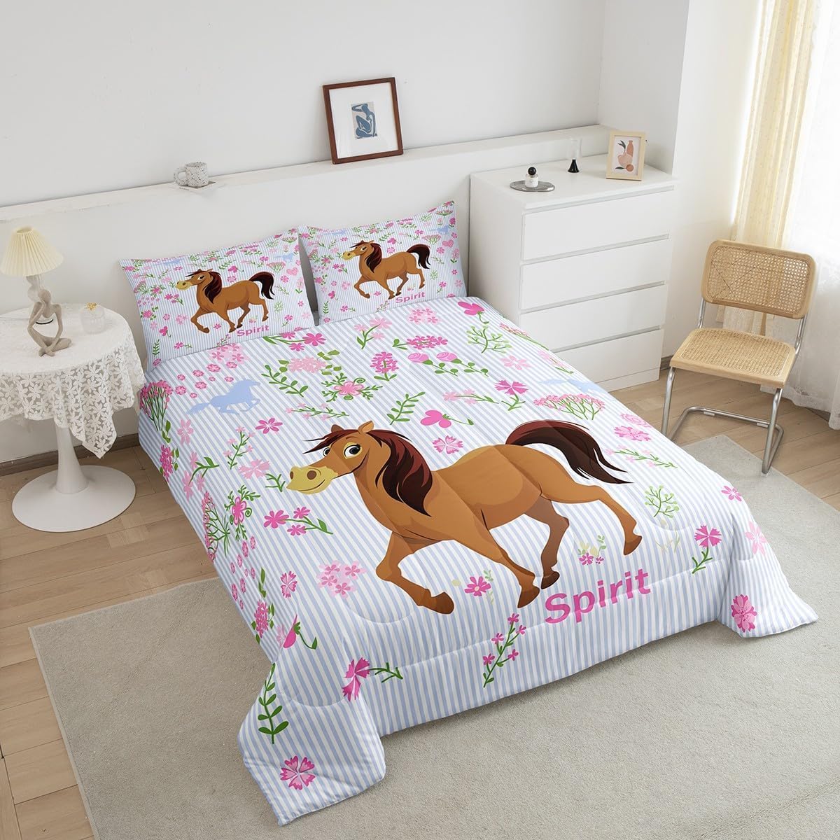 Feelyou Girls Horse Comforter Kids Cartoon Farmhorse Floral Comforter Set for Toddler Baby Girl Pink Blue Stripe Bedding Set Breathable Spirit Horse Animal Duvet Set Room Decor Quilt Set Toddler Size